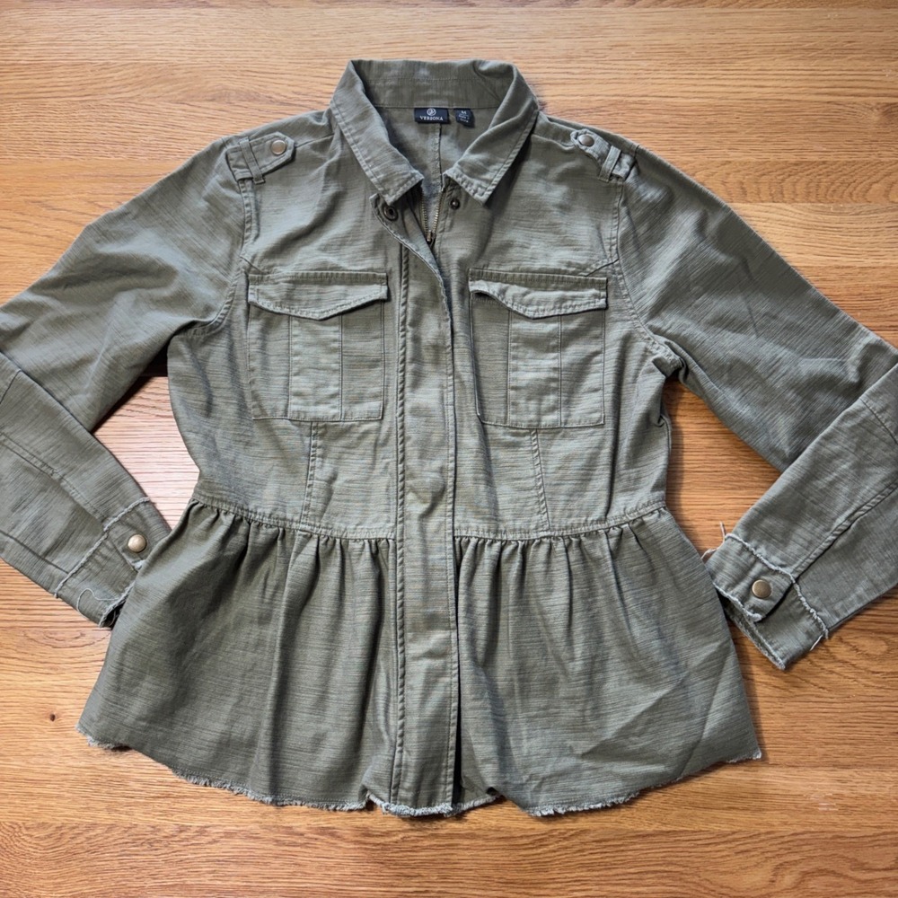 Versona Womens Olive Green Utility Peplum Jacket Military Raw Hem Medium